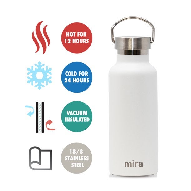 Mira Alpine Stainless Steel Vacuum Insulated Water Bottle with 2 Lids, Durable Powder Coated Thermos | 17 oz (500 ml) | Jasmine, Black